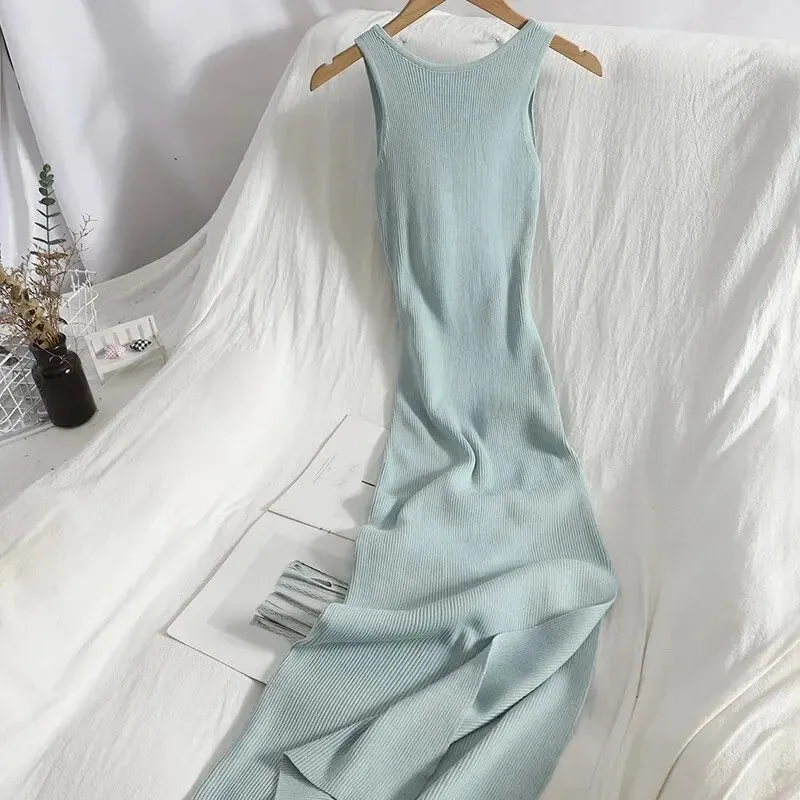 مجموعة اروين التجارية ARWEN&AJH GROUP  2024 European Women Kniited Robe Femme Summer  Neck Sleeveless Knot Hollow Out Sexy Slim Bodycon Dress Split Fork Streetwear Long Vestidos