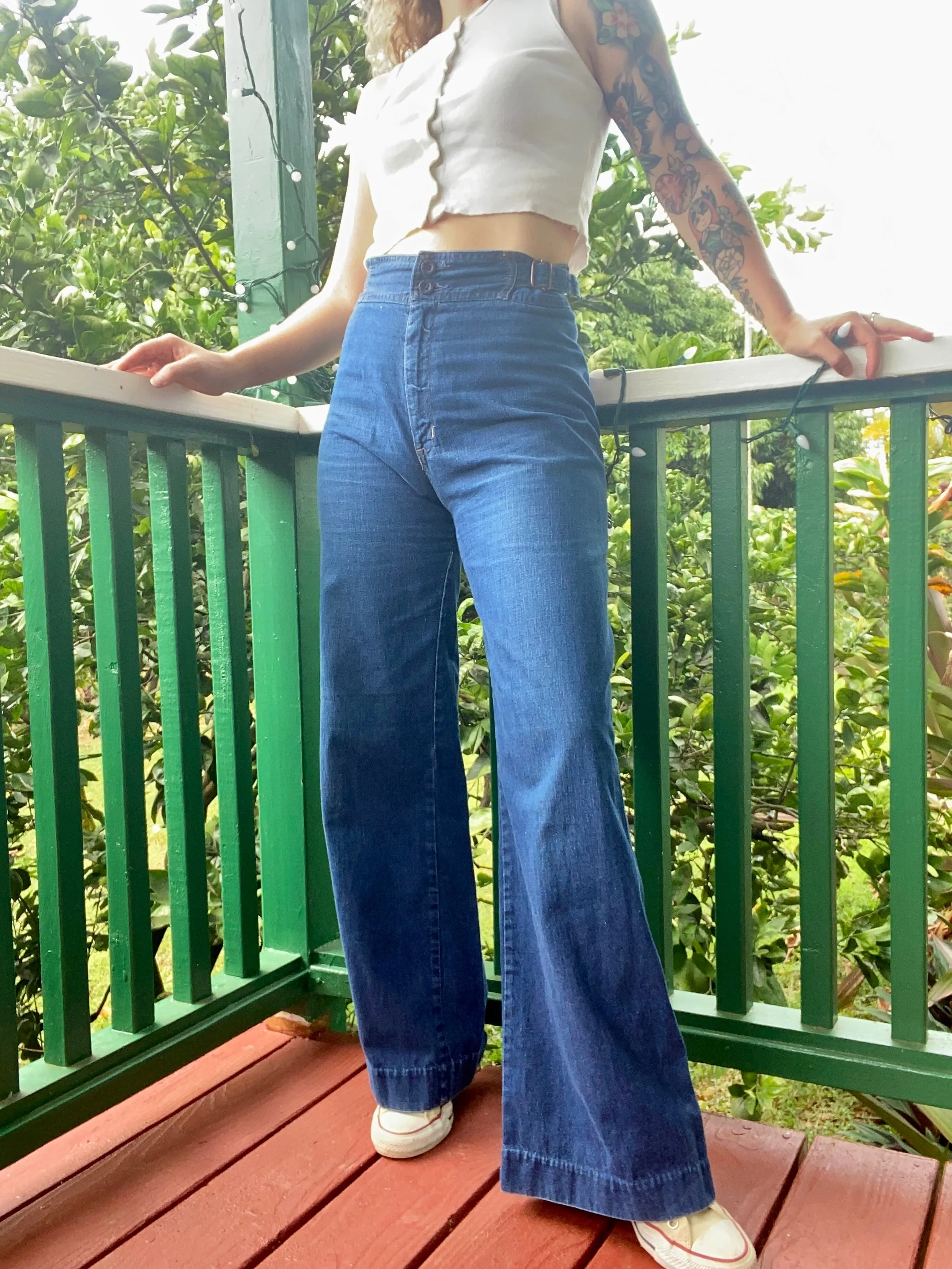 1970s Side Buckle Wide Leg Jeans