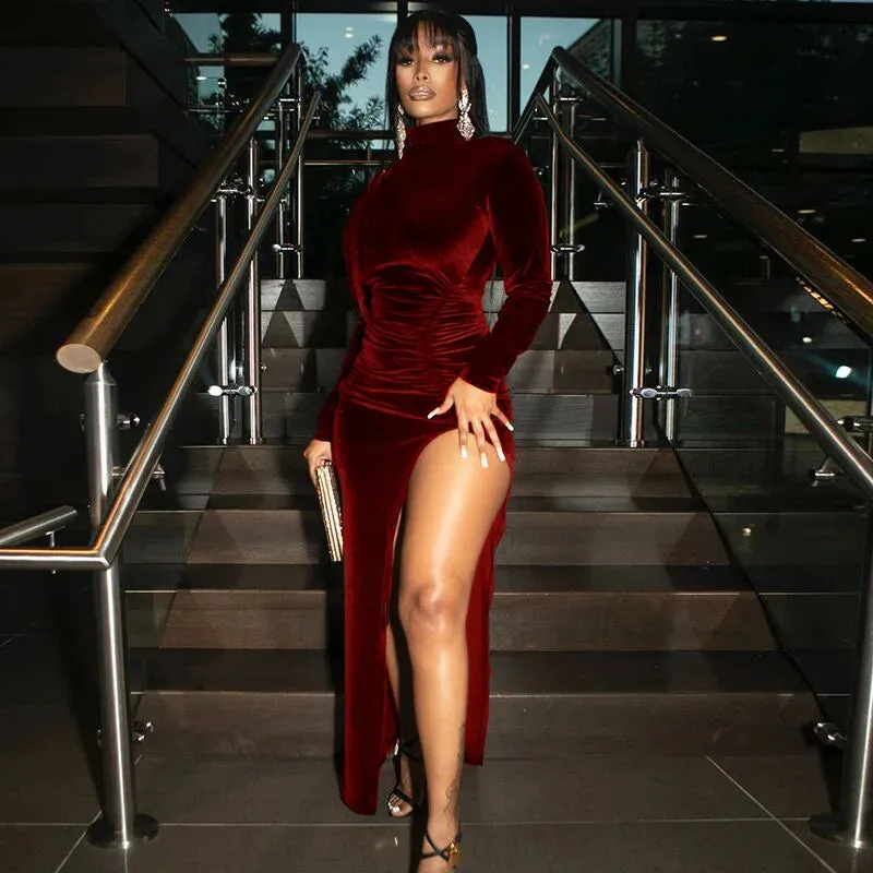 2024 Autumn Winter Women Velvet Long Sleeve Ruched Side Slit Bodycon Sexy Streetwear Party Elegant Club Midi Dress