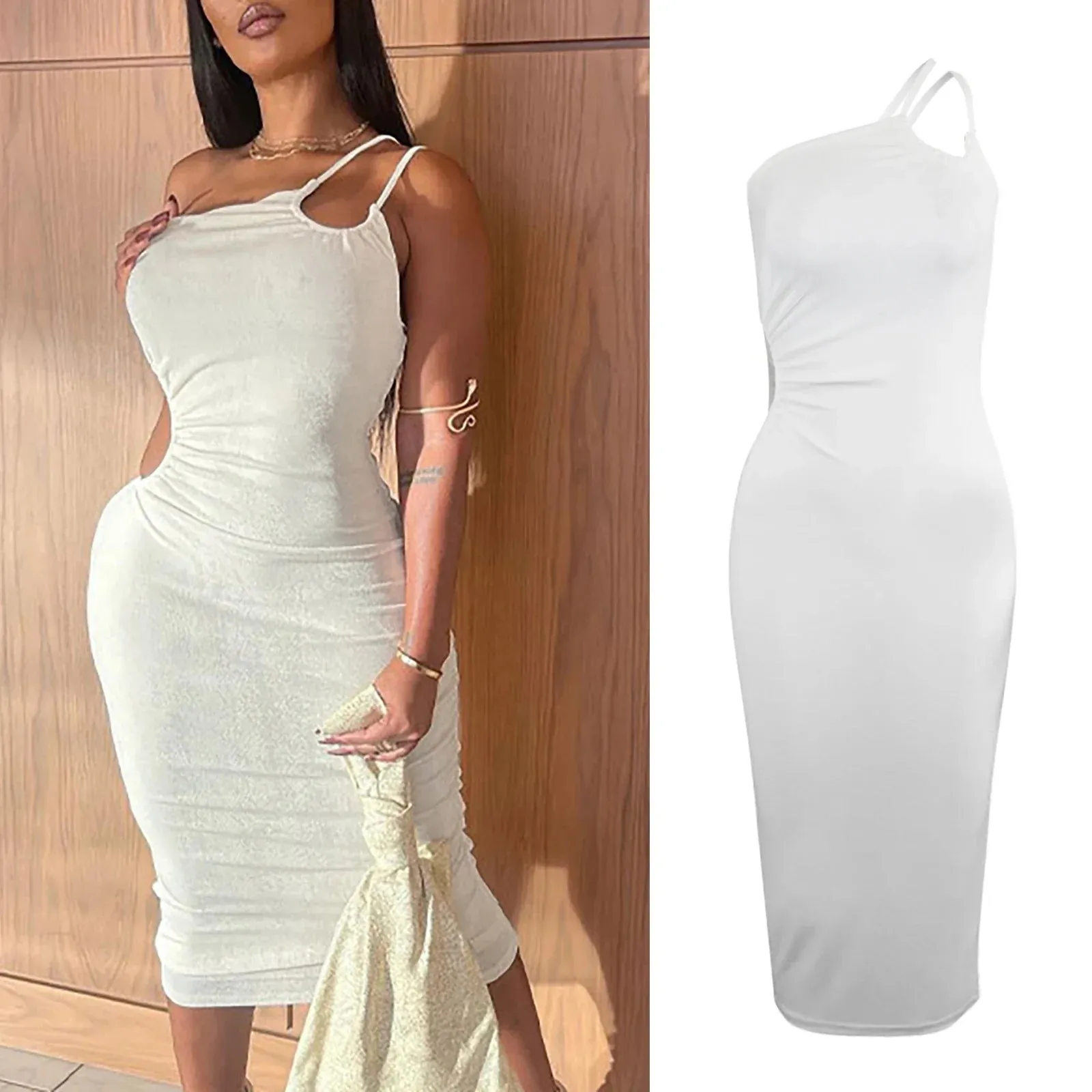 2024 New Summer Autumn Women White Black Strap Bodycon Sexy Streetwear Party Club Elegant Fashion Clothes Midi Dress