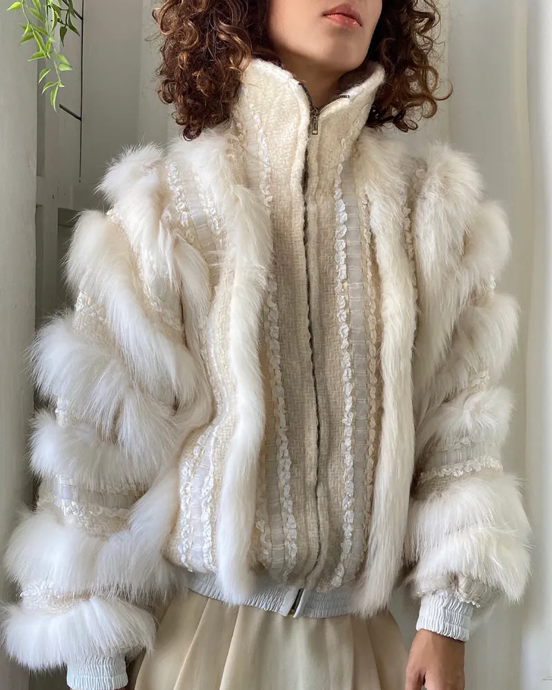 80s Schjelde Fox Fur Woven Jacket | S-M