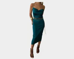 88 Baroque Green Silk Gold Chain Maxi Dress - Milano Si