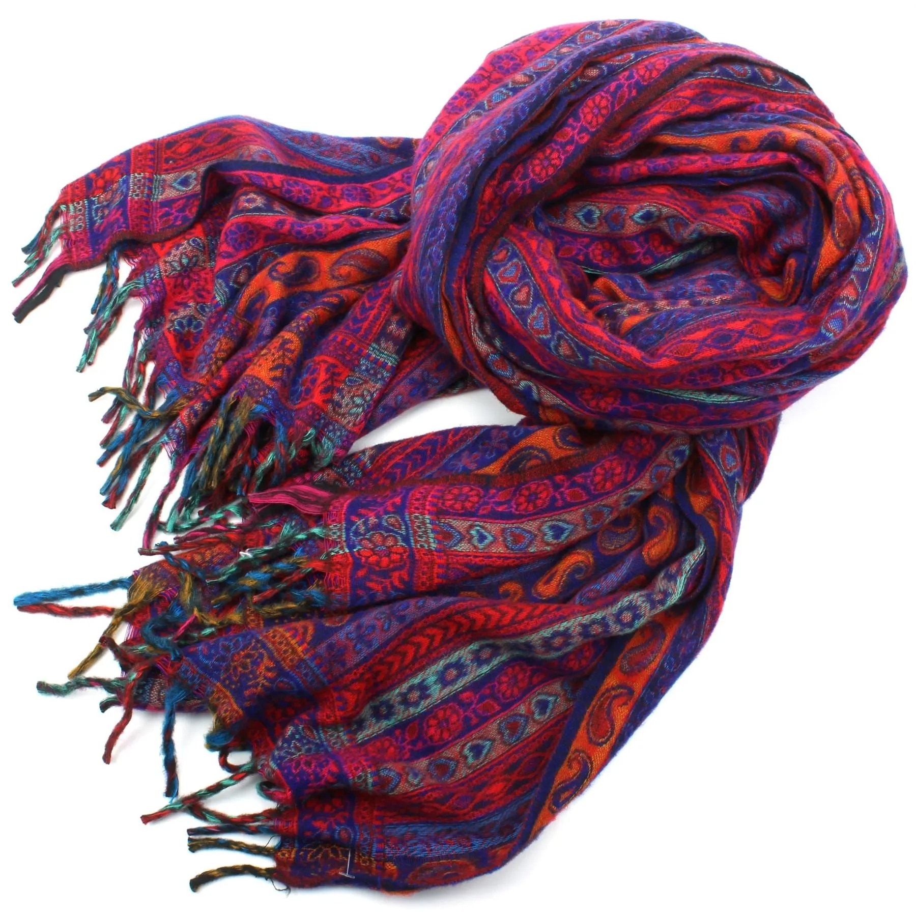 Acrylic Wool Shawl Blanket - Stripe - Bright Red & Blue