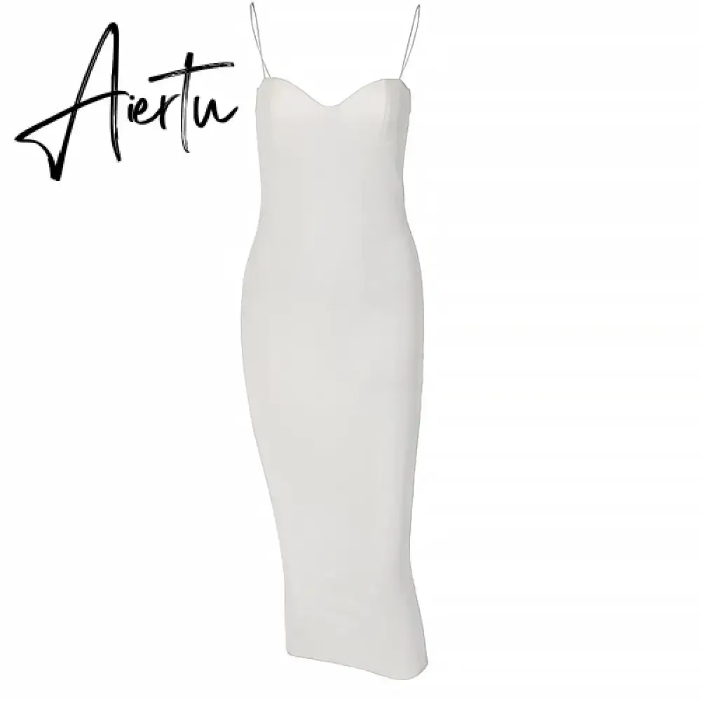 Aiertu Backless Solid Sleeveless Revealing Midi Strips Dress Spring Bodycon Sexy Streetwear Party Club Outfits Y2K