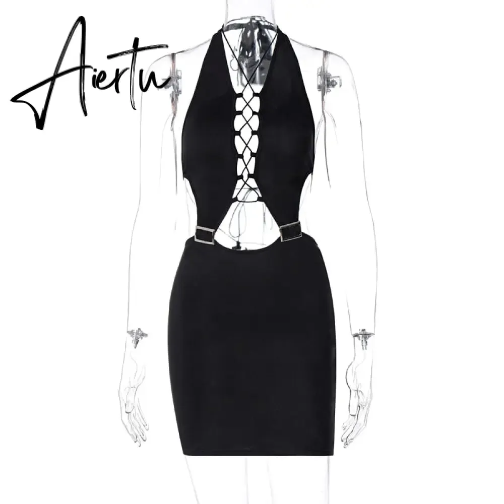 Aiertu Bandage Halter Backless Sexy Mini Dress Summer Women Fashion Streetwear Bodycon Y2K Chic Outfits