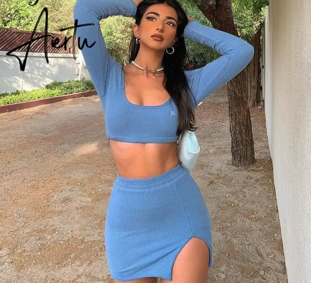 Aiertu   Long Sleeves Solid Navel Low Neck Bodycon Top Sexy Mini Dress Set Summer Women Fashion Streetwear Outfits Y2K