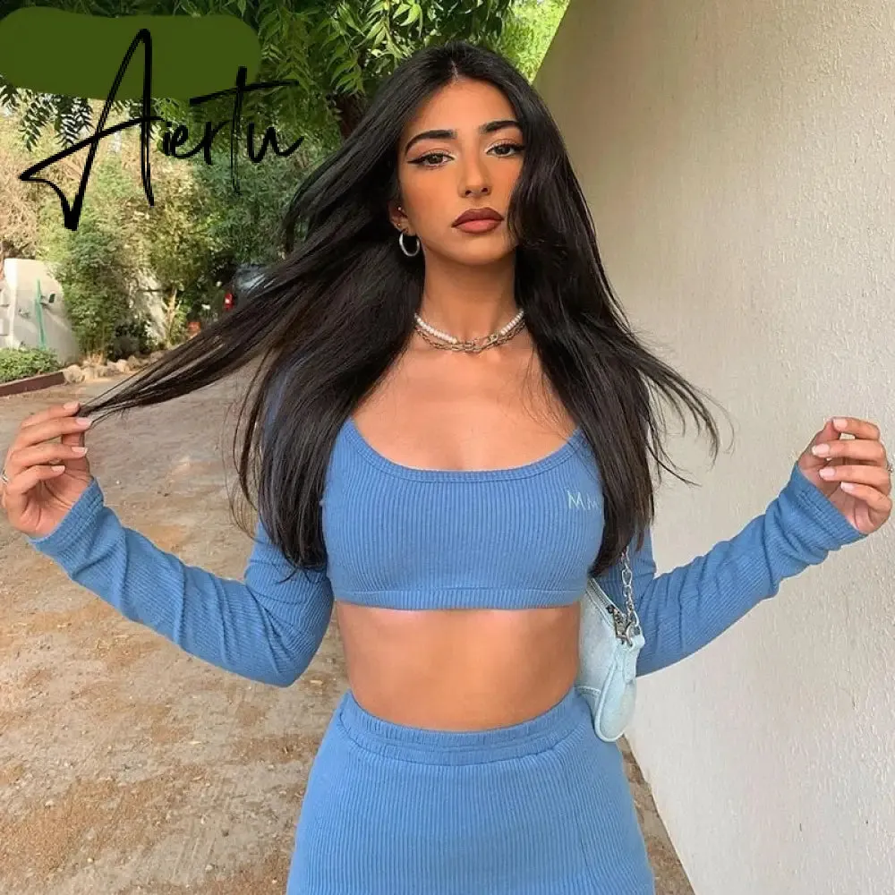 Aiertu   Long Sleeves Solid Navel Low Neck Bodycon Top Sexy Mini Dress Set Summer Women Fashion Streetwear Outfits Y2K