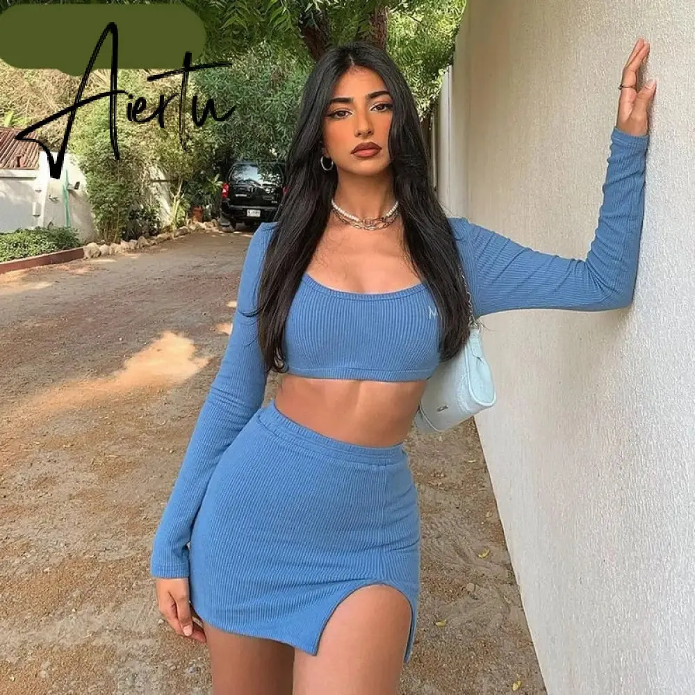 Aiertu   Long Sleeves Solid Navel Low Neck Bodycon Top Sexy Mini Dress Set Summer Women Fashion Streetwear Outfits Y2K