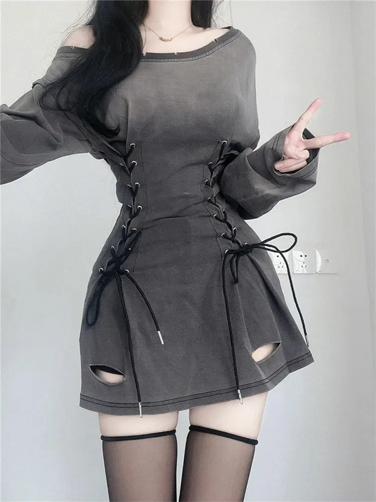 Aiertu New Fairycore Grunge Goth Corset Dress Women Aesthetic Harajuku Streetwear Bandage Slim Bodycon Dress Y2k 90s Indie Clothes