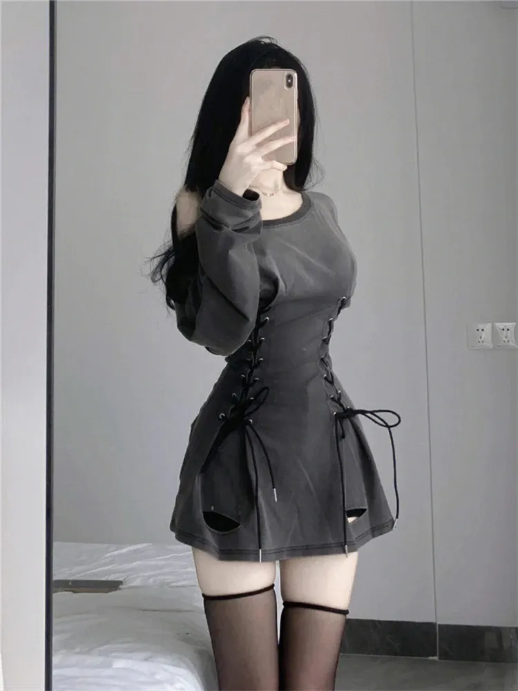 Aiertu New Fairycore Grunge Goth Corset Dress Women Aesthetic Harajuku Streetwear Bandage Slim Bodycon Dress Y2k 90s Indie Clothes