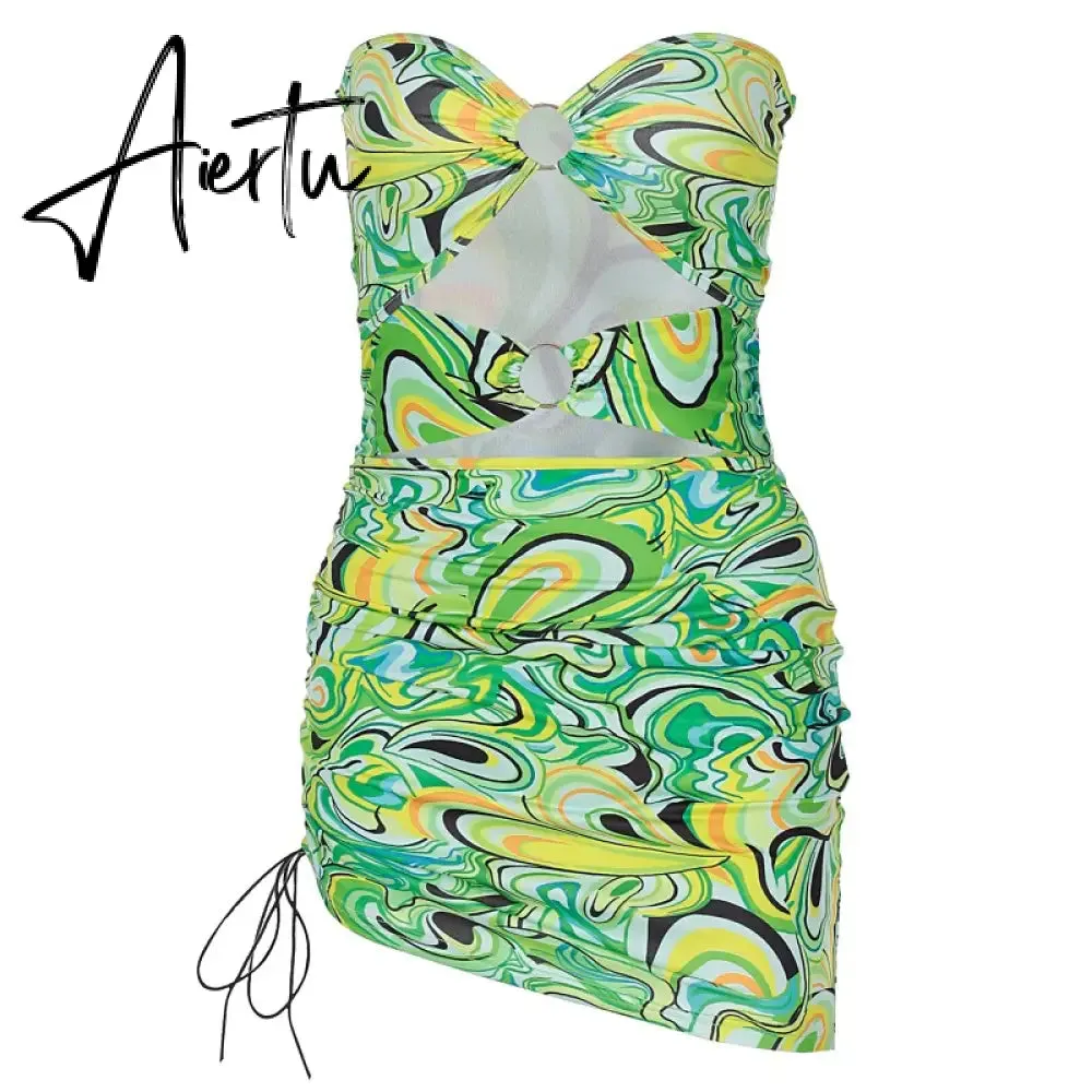 Aiertu Print Sleeveless Bodycon Halter Hollow Out Sexy Top Mini Dress Set Summer Women Fashion Streetwear Outfits Y2K