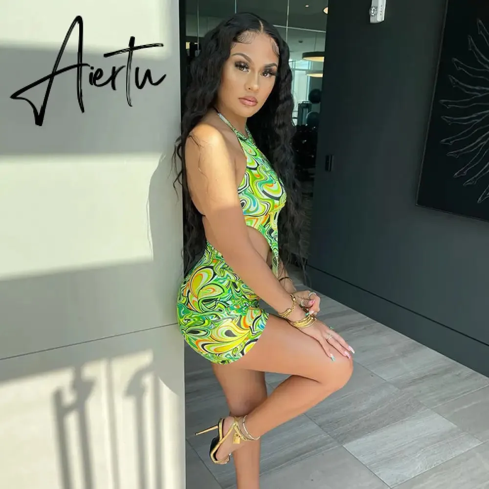 Aiertu Print Sleeveless Bodycon Halter Hollow Out Sexy Top Mini Dress Set Summer Women Fashion Streetwear Outfits Y2K