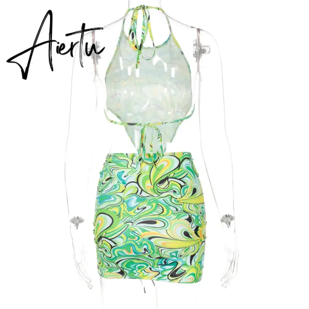 Aiertu Print Sleeveless Bodycon Halter Hollow Out Sexy Top Mini Dress Set Summer Women Fashion Streetwear Outfits Y2K