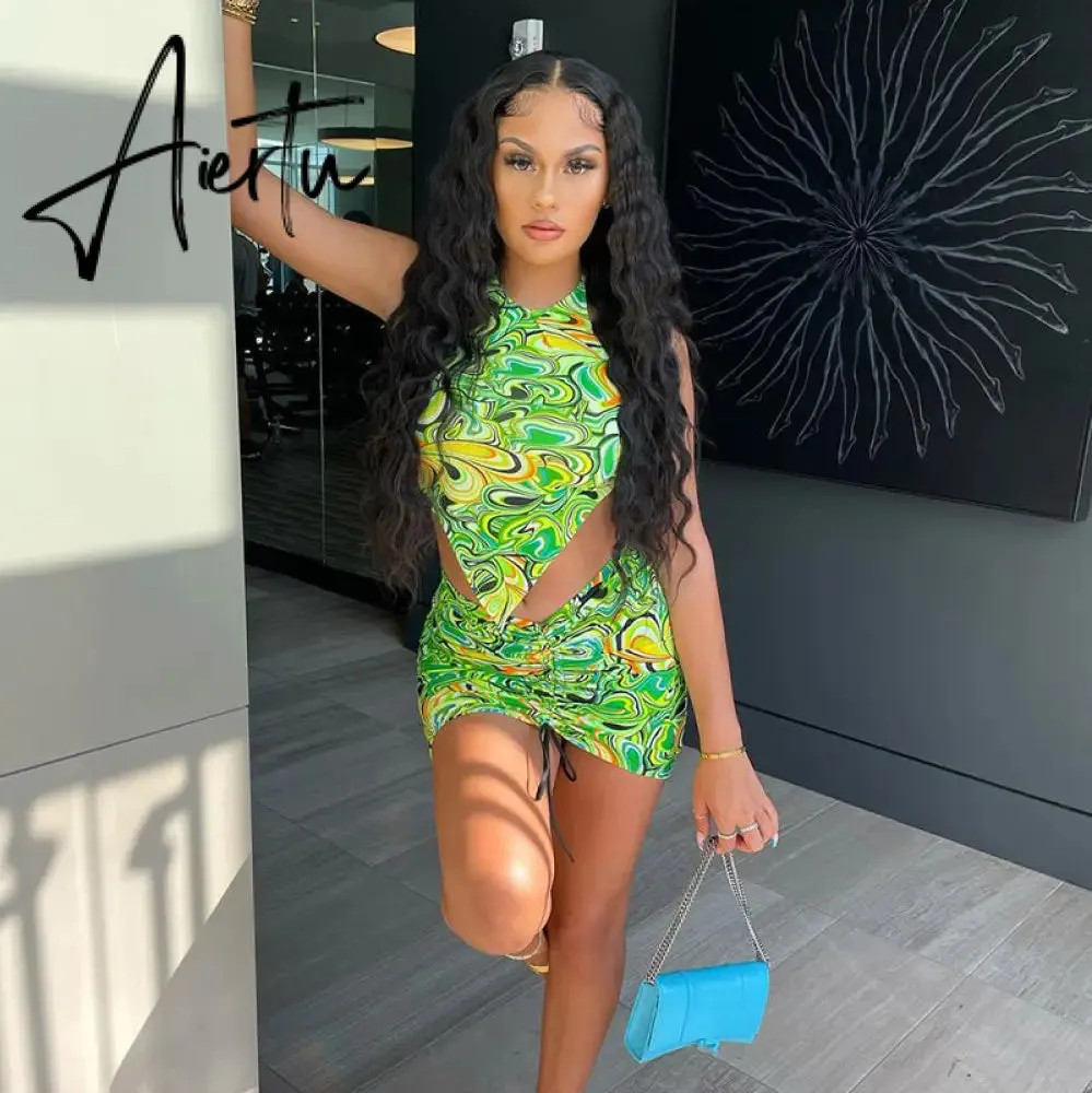 Aiertu Print Sleeveless Bodycon Halter Hollow Out Sexy Top Mini Dress Set Summer Women Fashion Streetwear Outfits Y2K