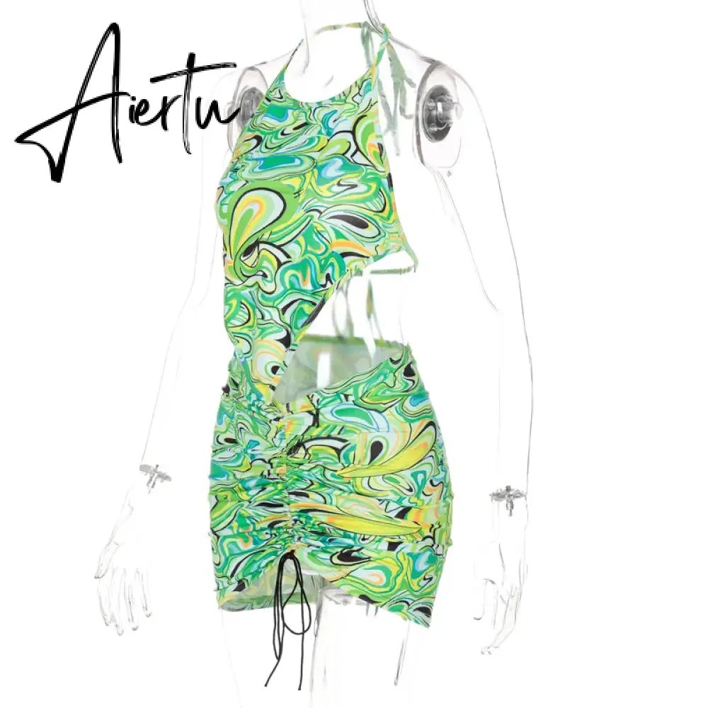 Aiertu Print Sleeveless Bodycon Halter Hollow Out Sexy Top Mini Dress Set Summer Women Fashion Streetwear Outfits Y2K