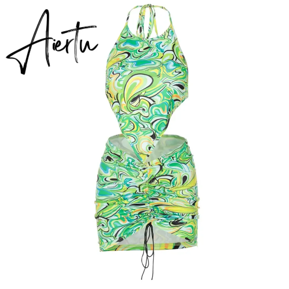 Aiertu Print Sleeveless Bodycon Halter Hollow Out Sexy Top Mini Dress Set Summer Women Fashion Streetwear Outfits Y2K