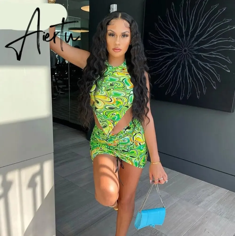 Aiertu Print Sleeveless Bodycon Halter Hollow Out Sexy Top Mini Dress Set Summer Women Fashion Streetwear Outfits Y2K