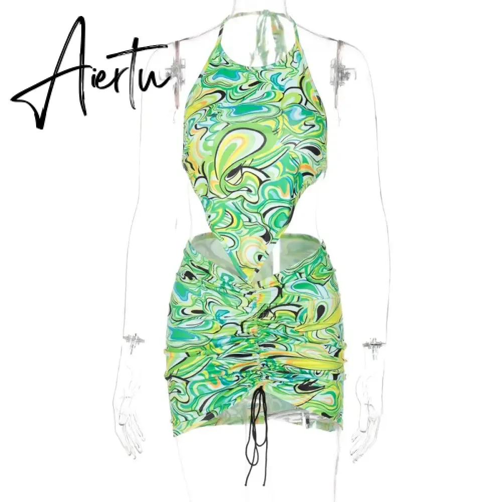 Aiertu Print Sleeveless Bodycon Halter Hollow Out Sexy Top Mini Dress Set Summer Women Fashion Streetwear Outfits Y2K