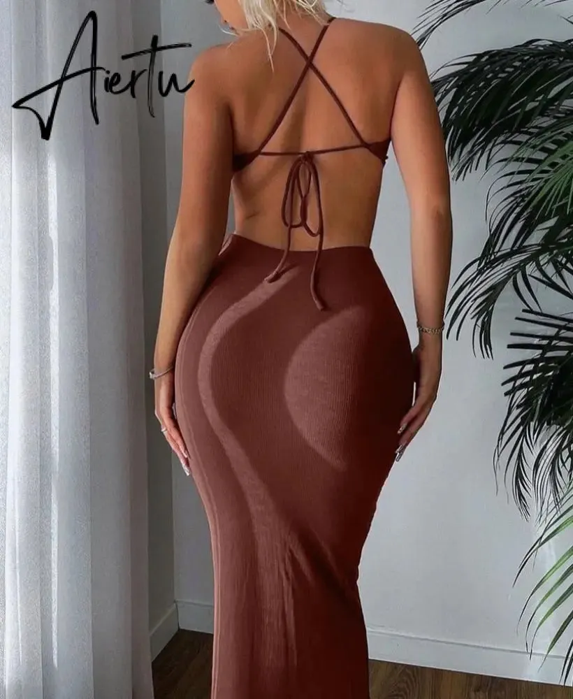 Aiertu Ribbed Halter Hollow Out Backless Skinny Maxi Dress  Bodycon Sexy Streetwear Evening Party Club Elegant Clothing