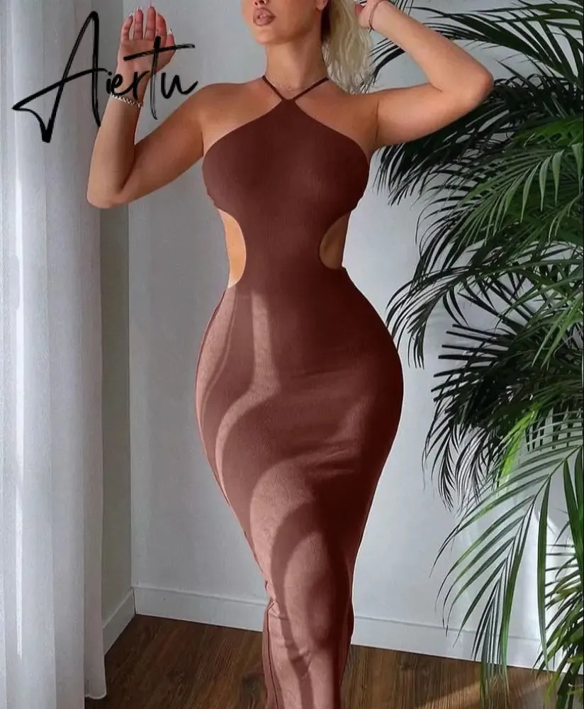 Aiertu Ribbed Halter Hollow Out Backless Skinny Maxi Dress  Bodycon Sexy Streetwear Evening Party Club Elegant Clothing