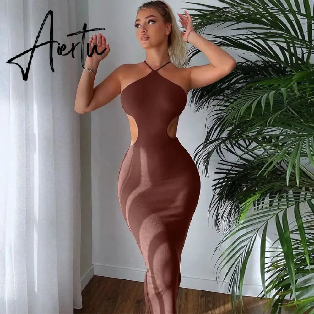 Aiertu Ribbed Halter Hollow Out Backless Skinny Maxi Dress  Bodycon Sexy Streetwear Evening Party Club Elegant Clothing