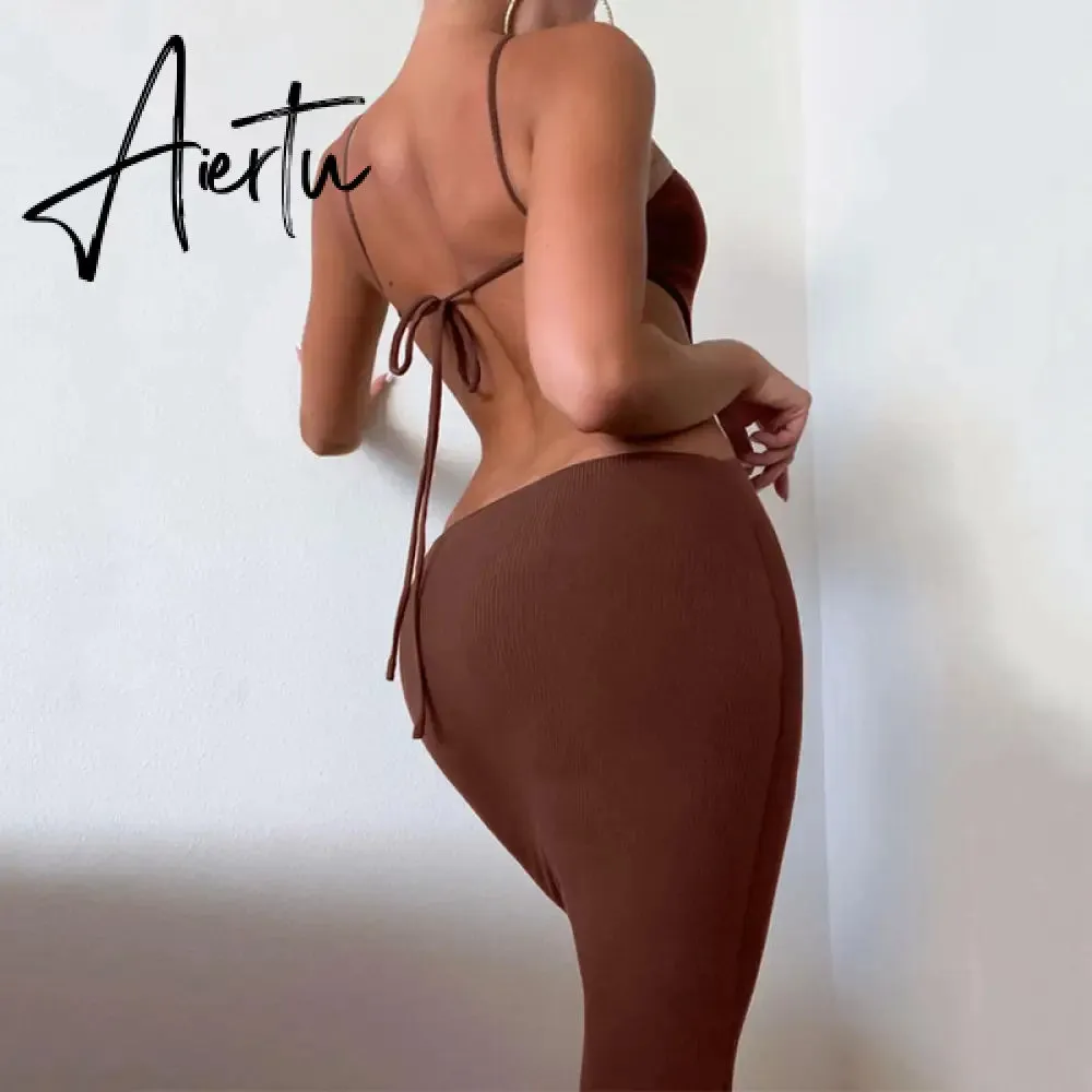 Aiertu Ribbed Halter Hollow Out Backless Skinny Maxi Dress  Bodycon Sexy Streetwear Evening Party Club Elegant Clothing