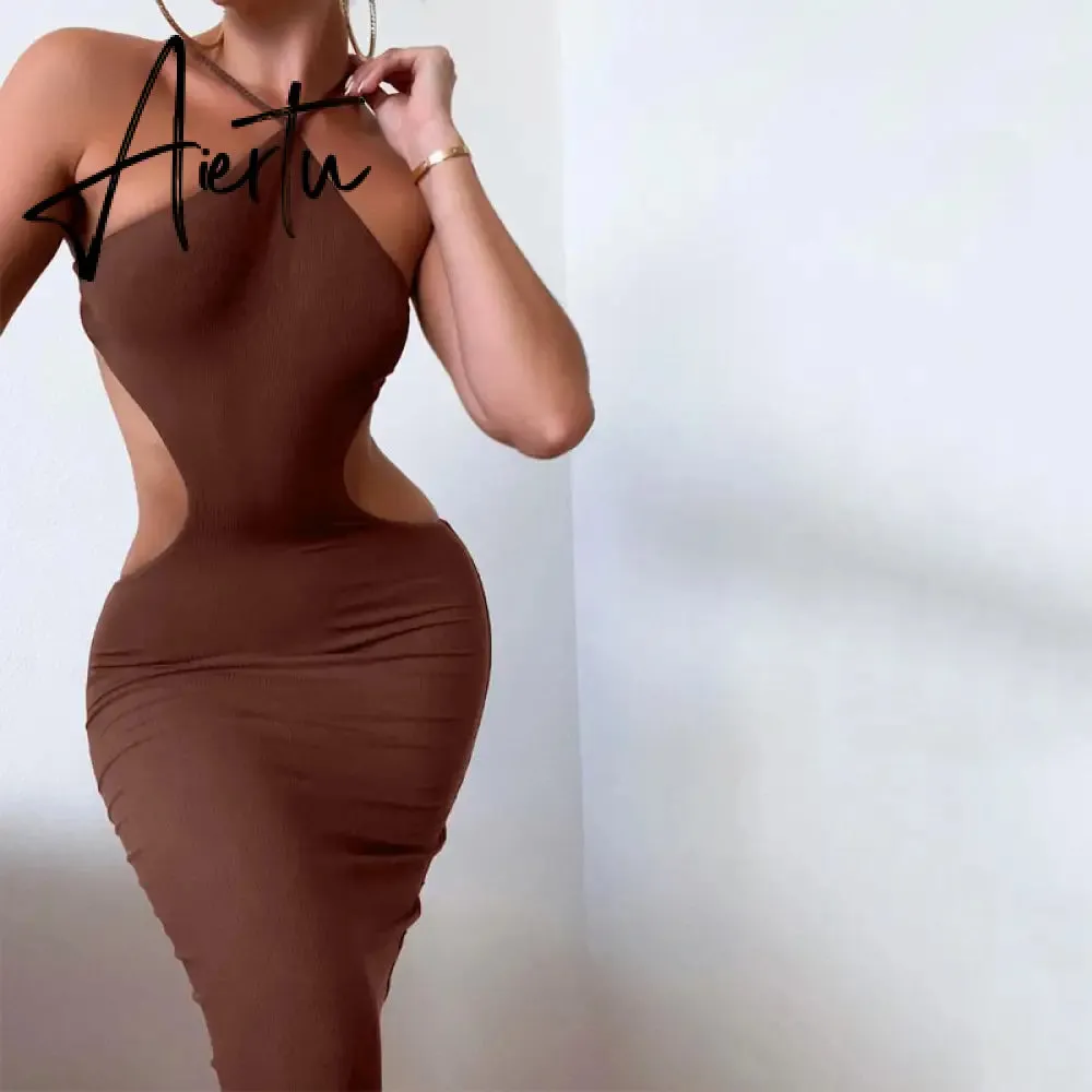 Aiertu Ribbed Halter Hollow Out Backless Skinny Maxi Dress  Bodycon Sexy Streetwear Evening Party Club Elegant Clothing