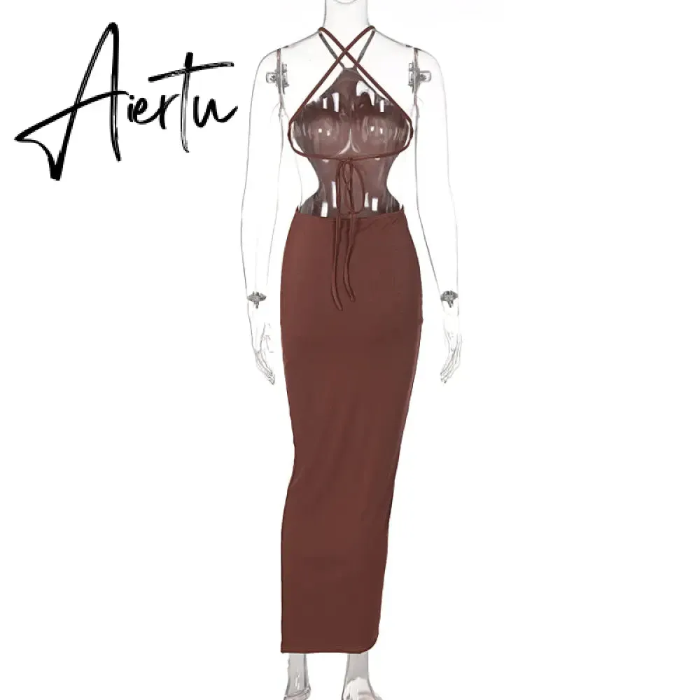 Aiertu Ribbed Halter Hollow Out Backless Skinny Maxi Dress  Bodycon Sexy Streetwear Evening Party Club Elegant Clothing