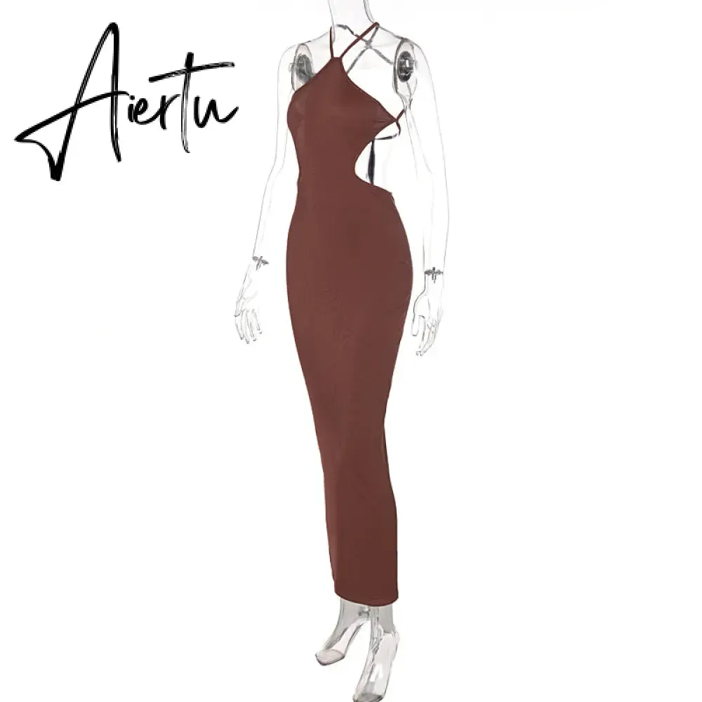 Aiertu Ribbed Halter Hollow Out Backless Skinny Maxi Dress  Bodycon Sexy Streetwear Evening Party Club Elegant Clothing