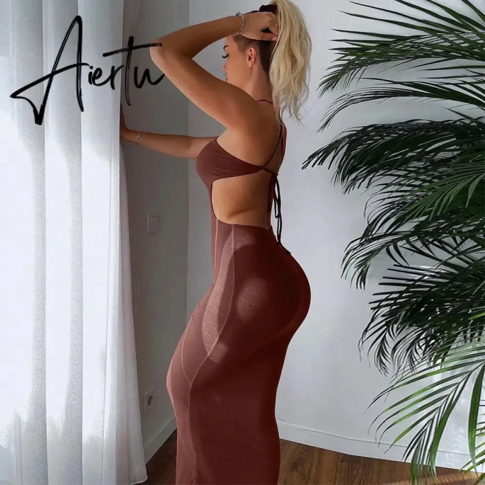 Aiertu Ribbed Halter Hollow Out Backless Skinny Maxi Dress  Bodycon Sexy Streetwear Evening Party Club Elegant Clothing