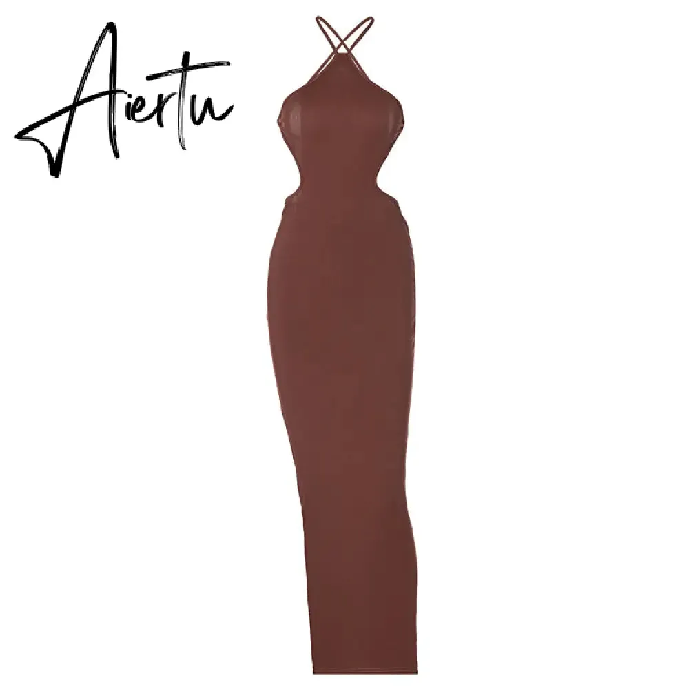 Aiertu Ribbed Halter Hollow Out Backless Skinny Maxi Dress  Bodycon Sexy Streetwear Evening Party Club Elegant Clothing