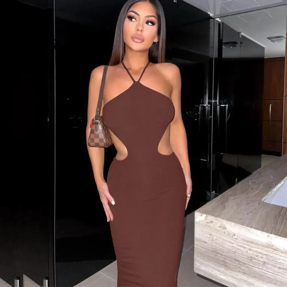 Aiertu Ribbed Halter Hollow Out Backless Skinny Maxi Dress  Bodycon Sexy Streetwear Evening Party Club Elegant Clothing