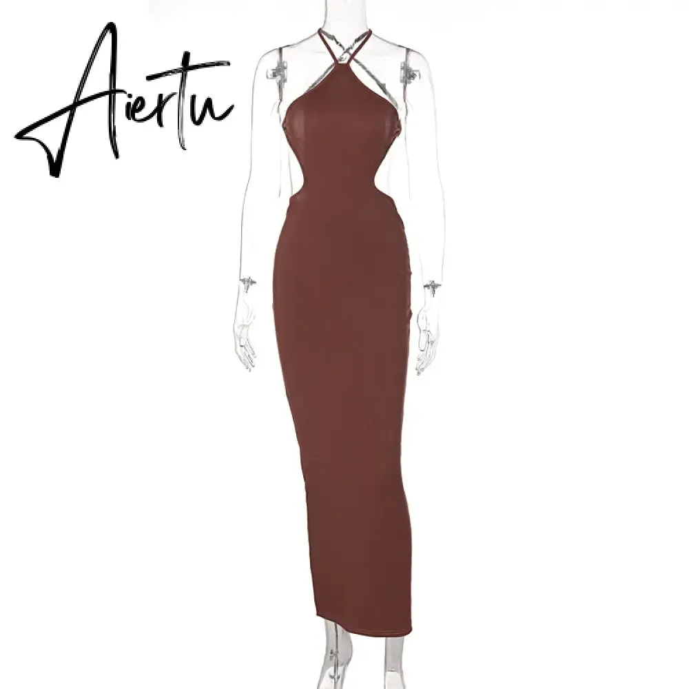 Aiertu Ribbed Halter Hollow Out Backless Skinny Maxi Dress  Bodycon Sexy Streetwear Evening Party Club Elegant Clothing