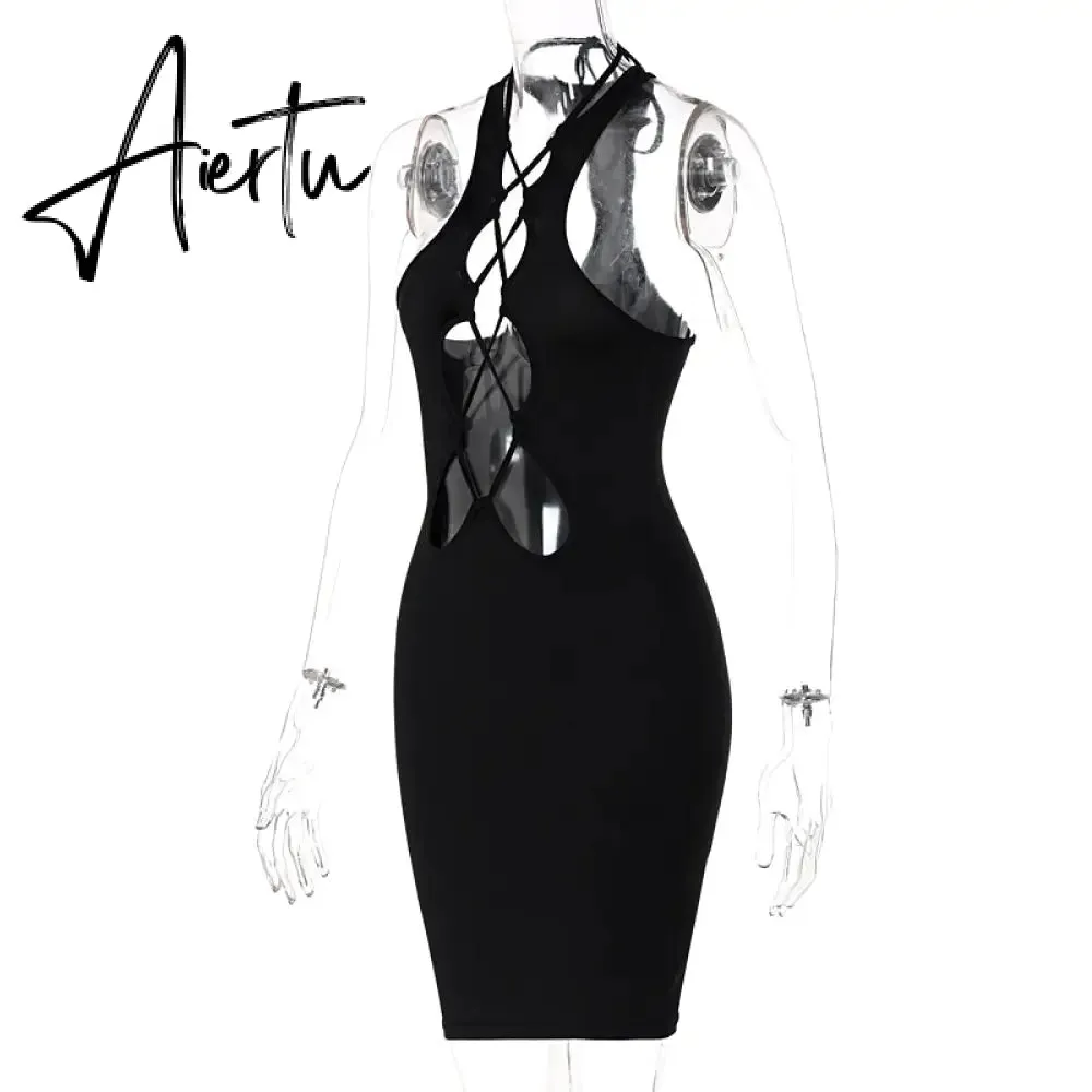 Aiertu Sleeveless Backless Solid Mesh Dress Bodycon Summer Sexy Women Streetwear Y2K Party Club