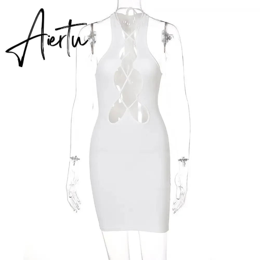 Aiertu Sleeveless Backless Solid Mesh Dress Bodycon Summer Sexy Women Streetwear Y2K Party Club