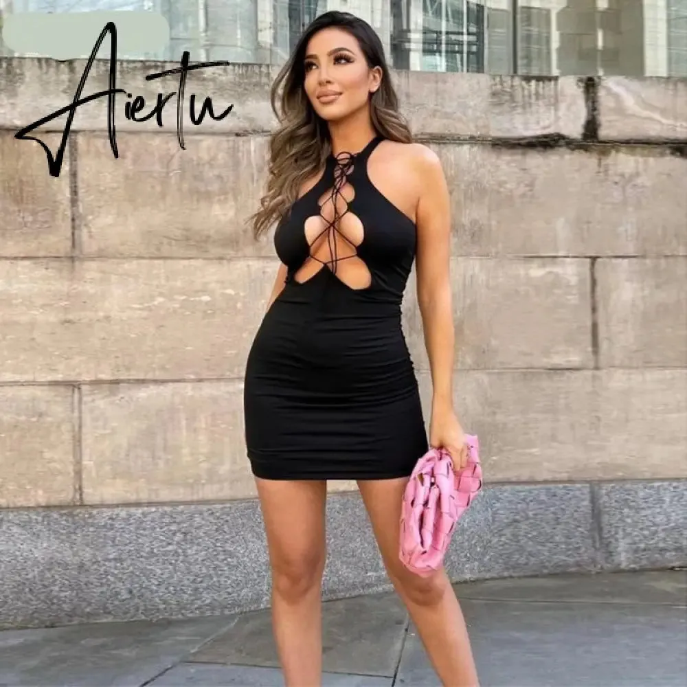 Aiertu Sleeveless Backless Solid Mesh Dress Bodycon Summer Sexy Women Streetwear Y2K Party Club