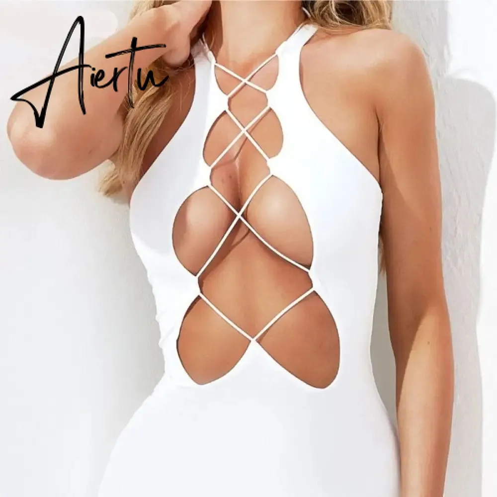 Aiertu Sleeveless Backless Solid Mesh Dress Bodycon Summer Sexy Women Streetwear Y2K Party Club