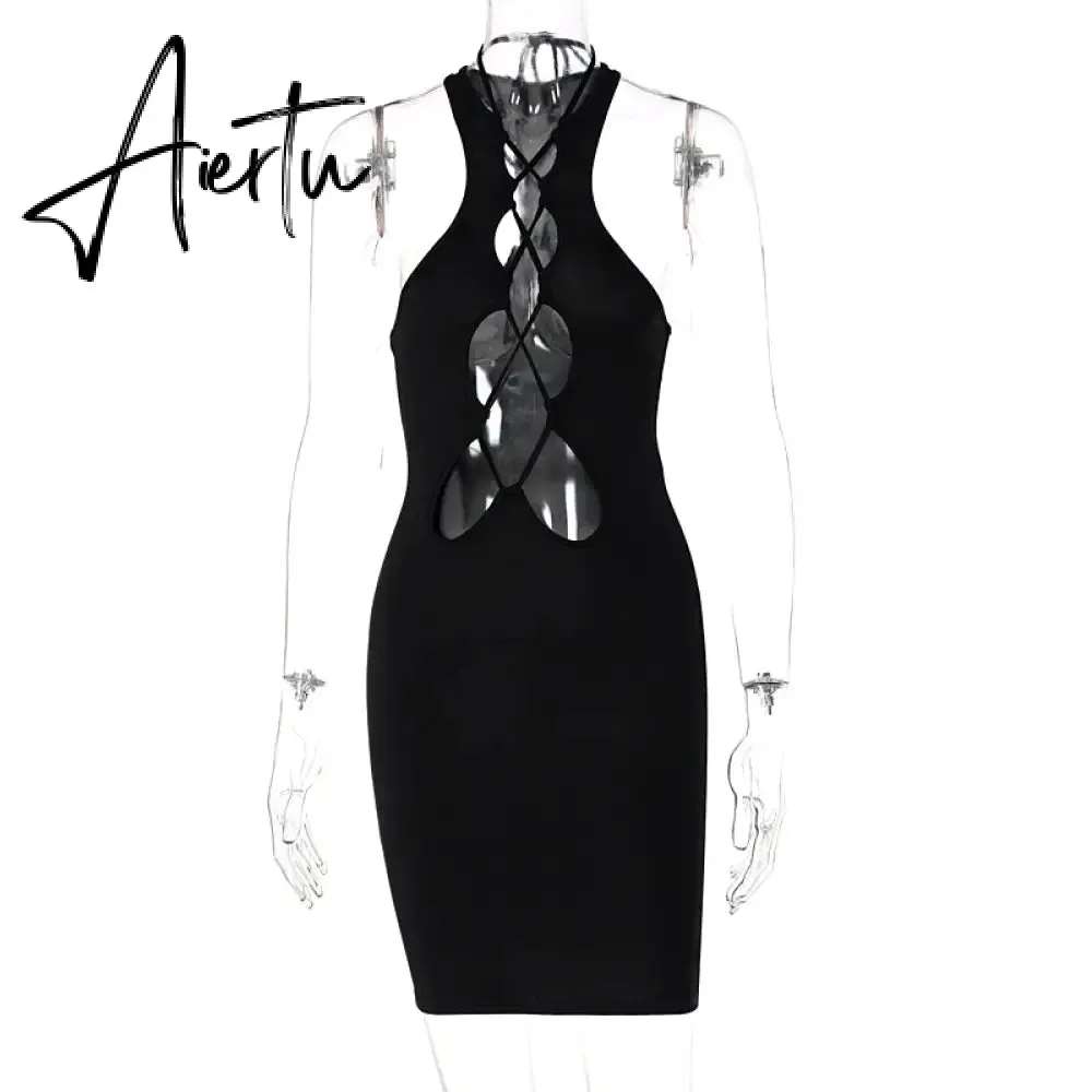 Aiertu Sleeveless Backless Solid Mesh Dress Bodycon Summer Sexy Women Streetwear Y2K Party Club