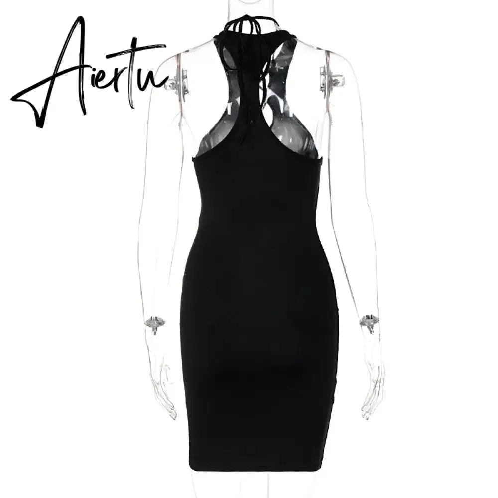 Aiertu Sleeveless Backless Solid Mesh Dress Bodycon Summer Sexy Women Streetwear Y2K Party Club