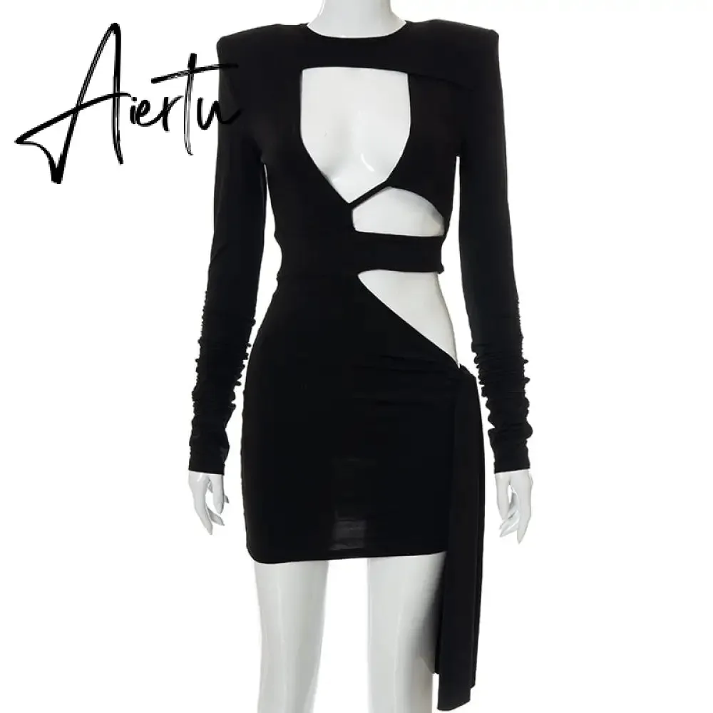 Aiertu  Women Fall Fashion Bodycon Folds Solid Long Sleeve Hollow Out String Mini Dress Female Clothing Streetwear Y2K