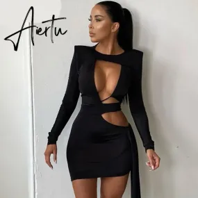 Aiertu  Women Fall Fashion Bodycon Folds Solid Long Sleeve Hollow Out String Mini Dress Female Clothing Streetwear Y2K