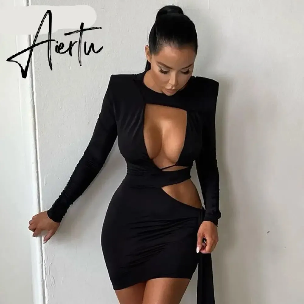 Aiertu  Women Fall Fashion Bodycon Folds Solid Long Sleeve Hollow Out String Mini Dress Female Clothing Streetwear Y2K