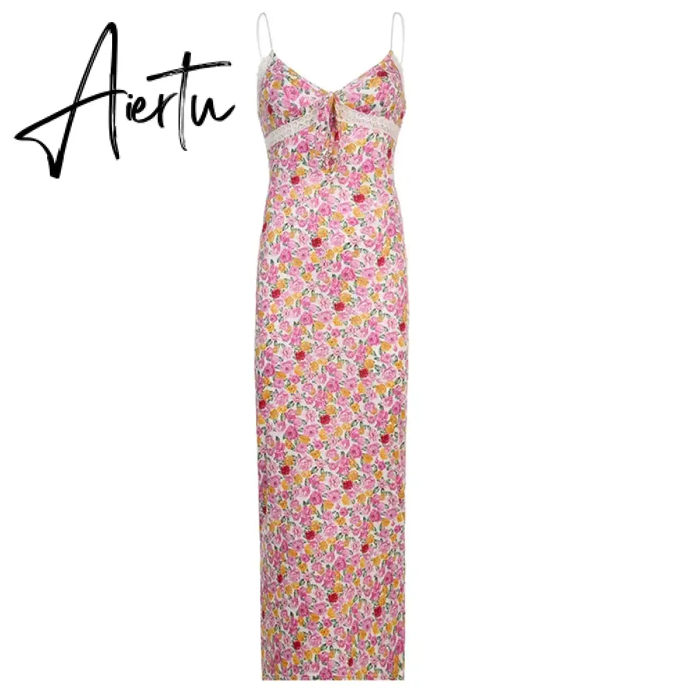 Aiertu Y2K Floral Print Lace Trim Spaghetti Strap Long Dress Elegant Bodycon Tank Dress Sleeveless Maxi Dress Summer Streetwear