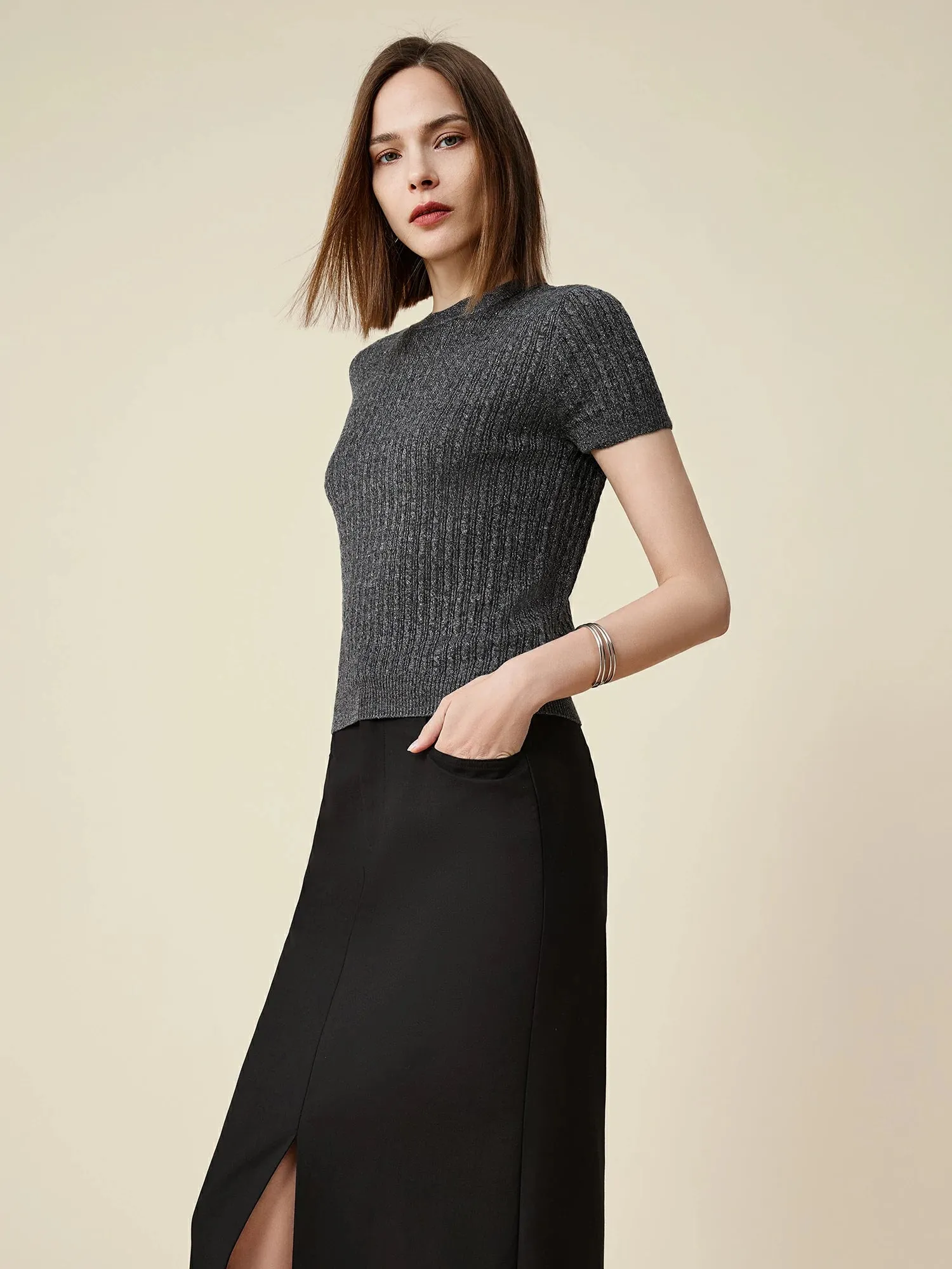 Amoretu Wool Short Sleeve Sequin Knitted T-Shirt