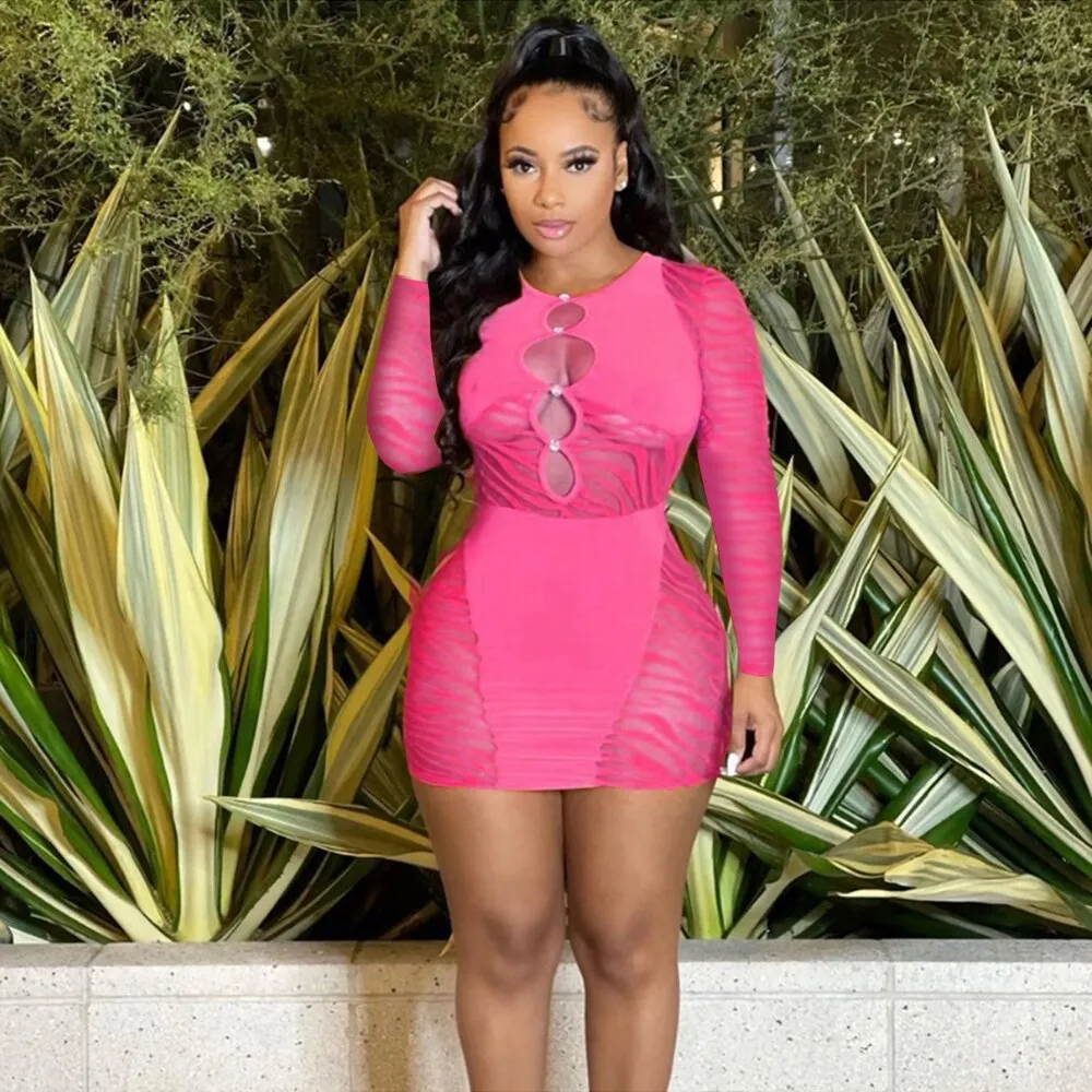 Amozae-hoco dresses  Hirigin   Hollow Out Bodycon Dress For Women Summer Autumn Night Club Wear Mesh Sheer Long Sleeve Mini Dresses Streetwear