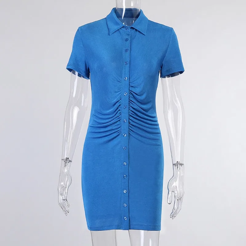 Amozae---hoco dresses  Short Sleeve Ruched Bodycon Dresses For Women   Summer   Mini Dress Blue Green Turn-Down Collar Button Up Shirt Dress