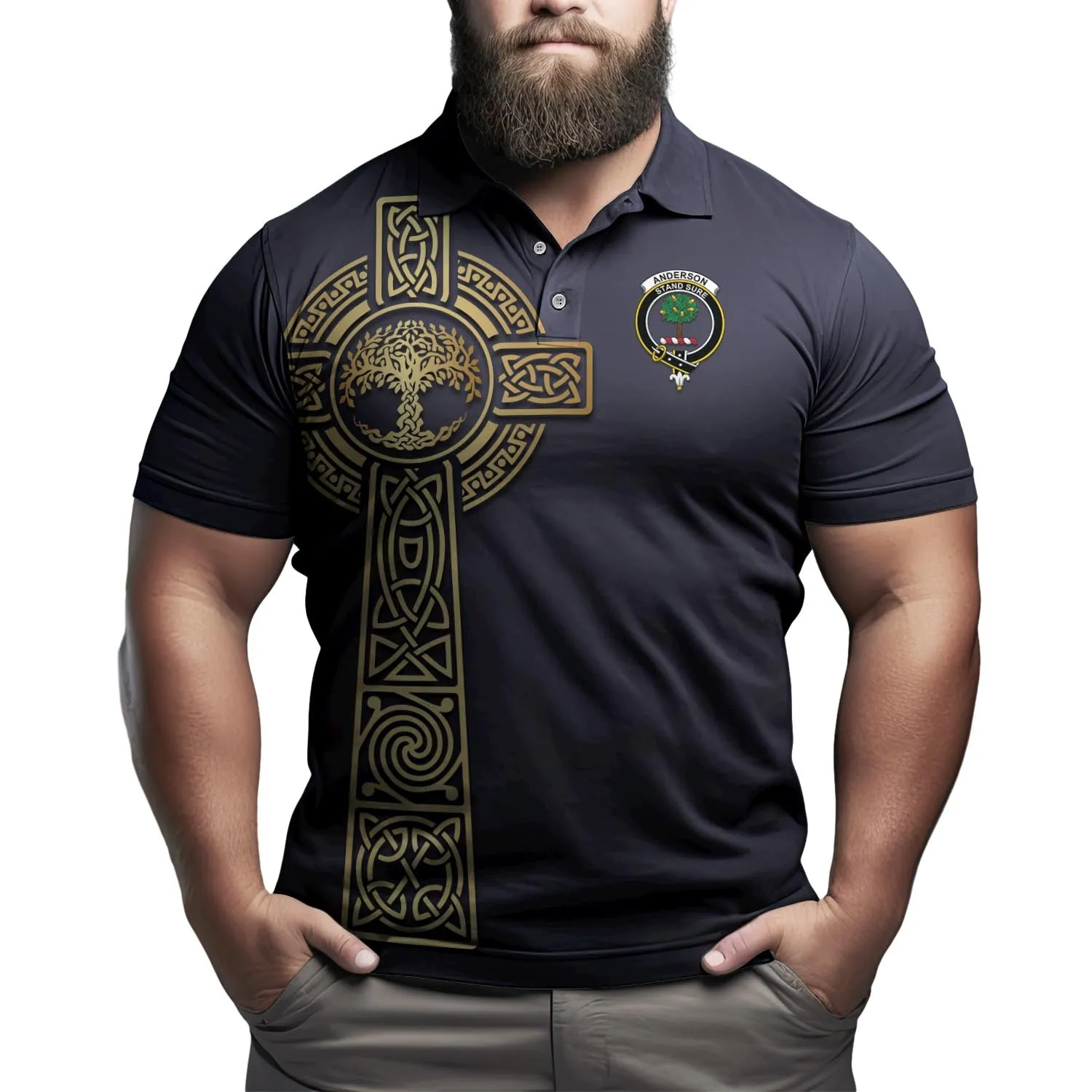 Anderson Clan Polo Shirt with Golden Celtic Tree Of Life