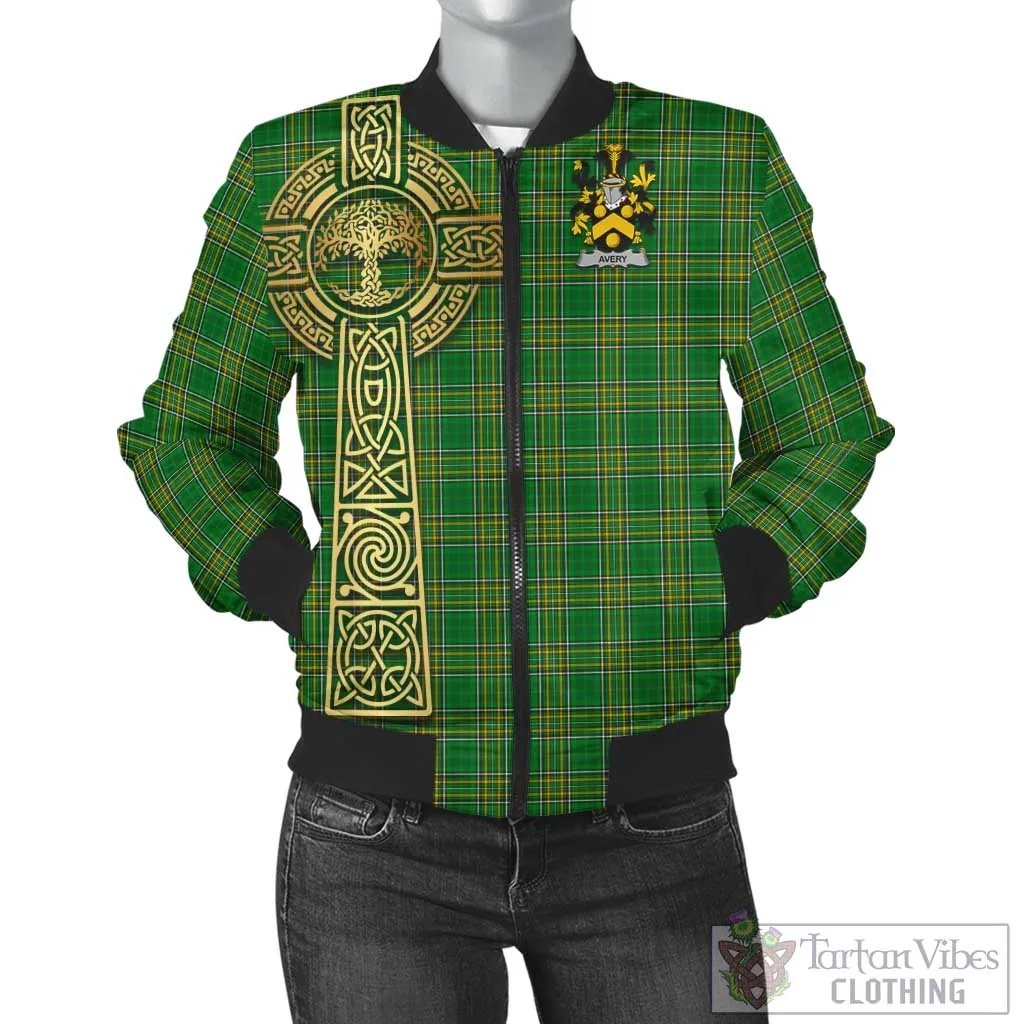 Avery Irish Clan Tartan Bomber Jacket with Coat of Arms Celtic Tree of Life Style