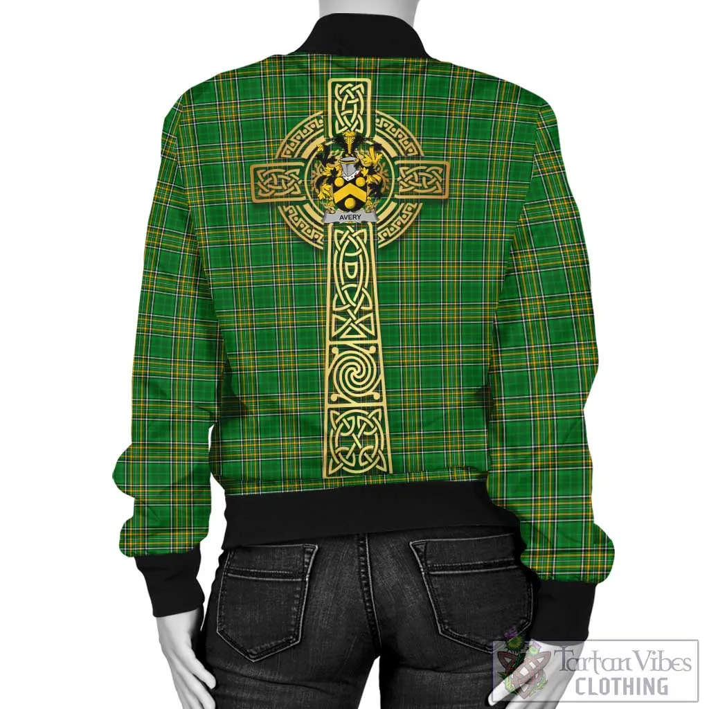 Avery Irish Clan Tartan Bomber Jacket with Coat of Arms Celtic Tree of Life Style