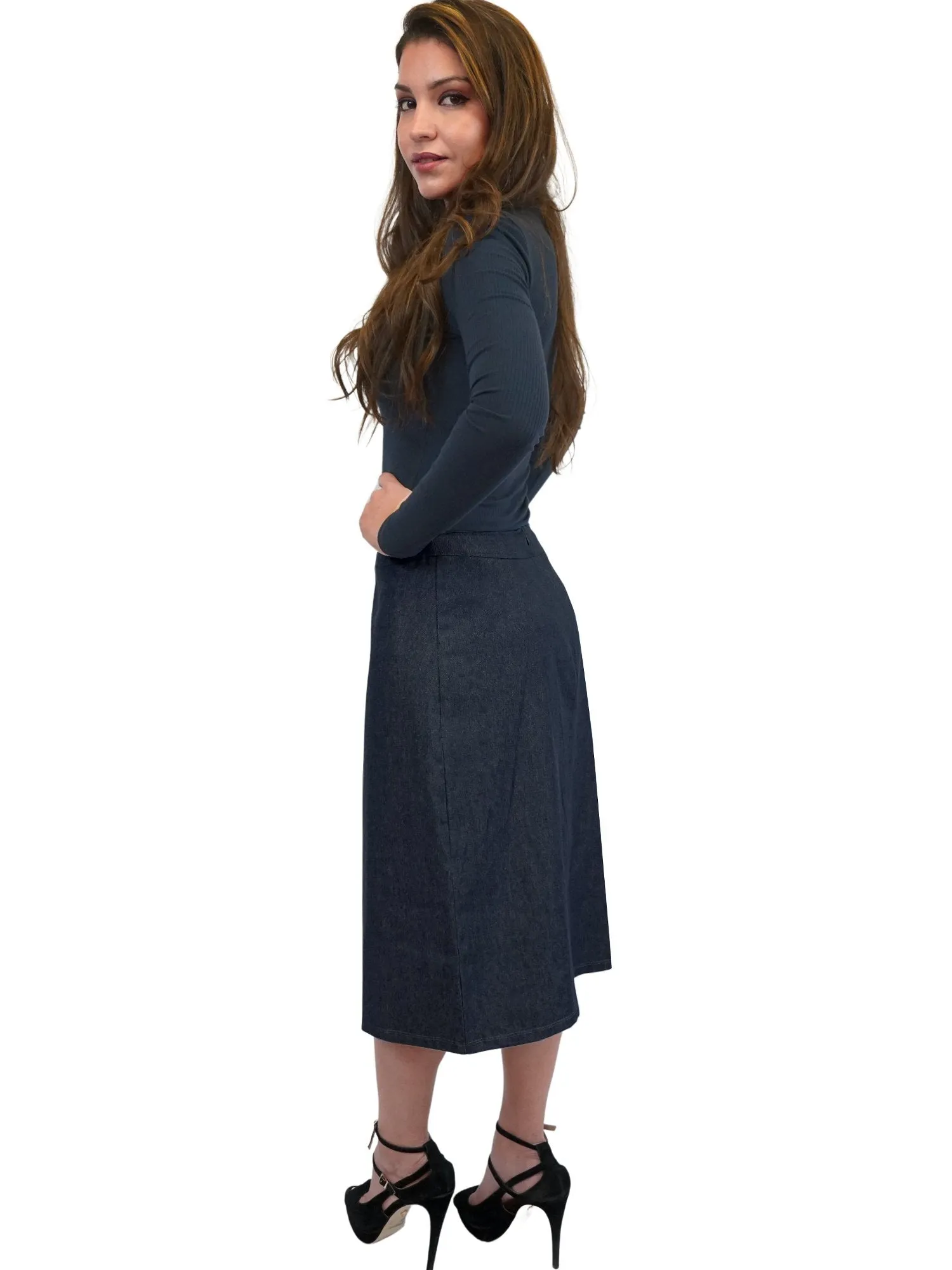 Baby'O Women's Basic Lightweight Below the Knee Midi Length Denim Straight Skirt